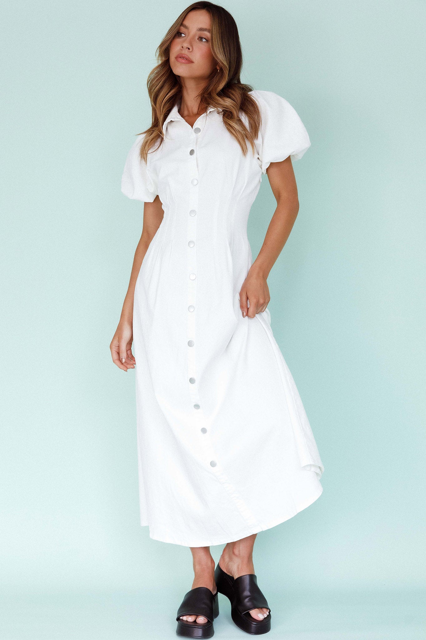 Zurich Pleated Waist Midi Dress White