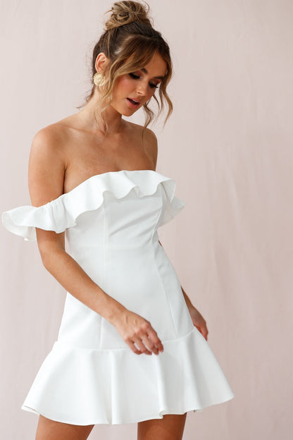 Ondine Bardot Neckline Fluted Hem Dress White