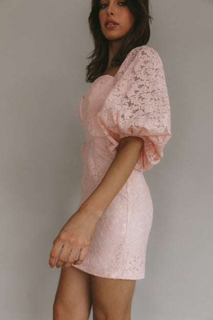 Good Vibes Puff Sleeve Deep V-Neckline Lace Mini Dress Blush