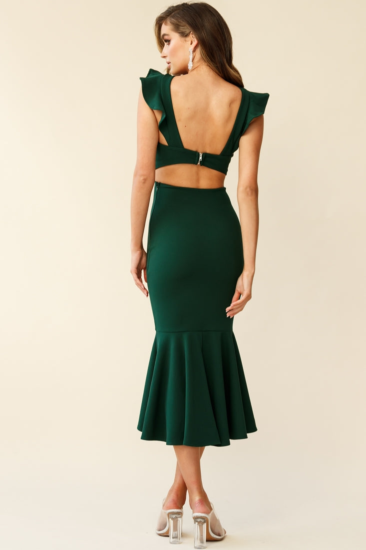 Jackie Wide Ruffle Hem Pinafore Midi Dress Forest Green