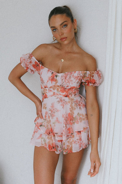 Linka Off-Shoulder Tie Back Romper Floral Pink
