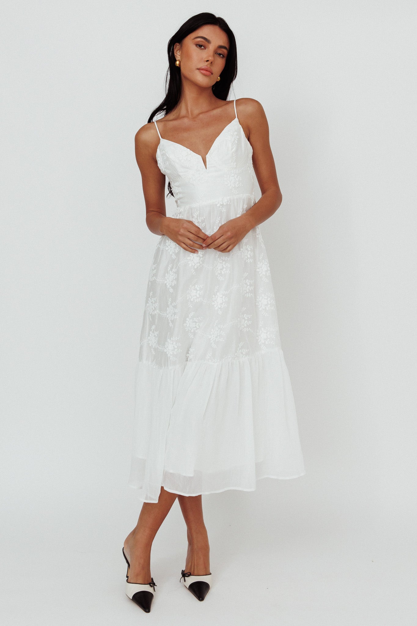 Lake Como Floral Embroidered Midi Dress White