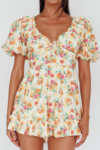 Costa Rica Puff Sleeve Romper Floral Beige