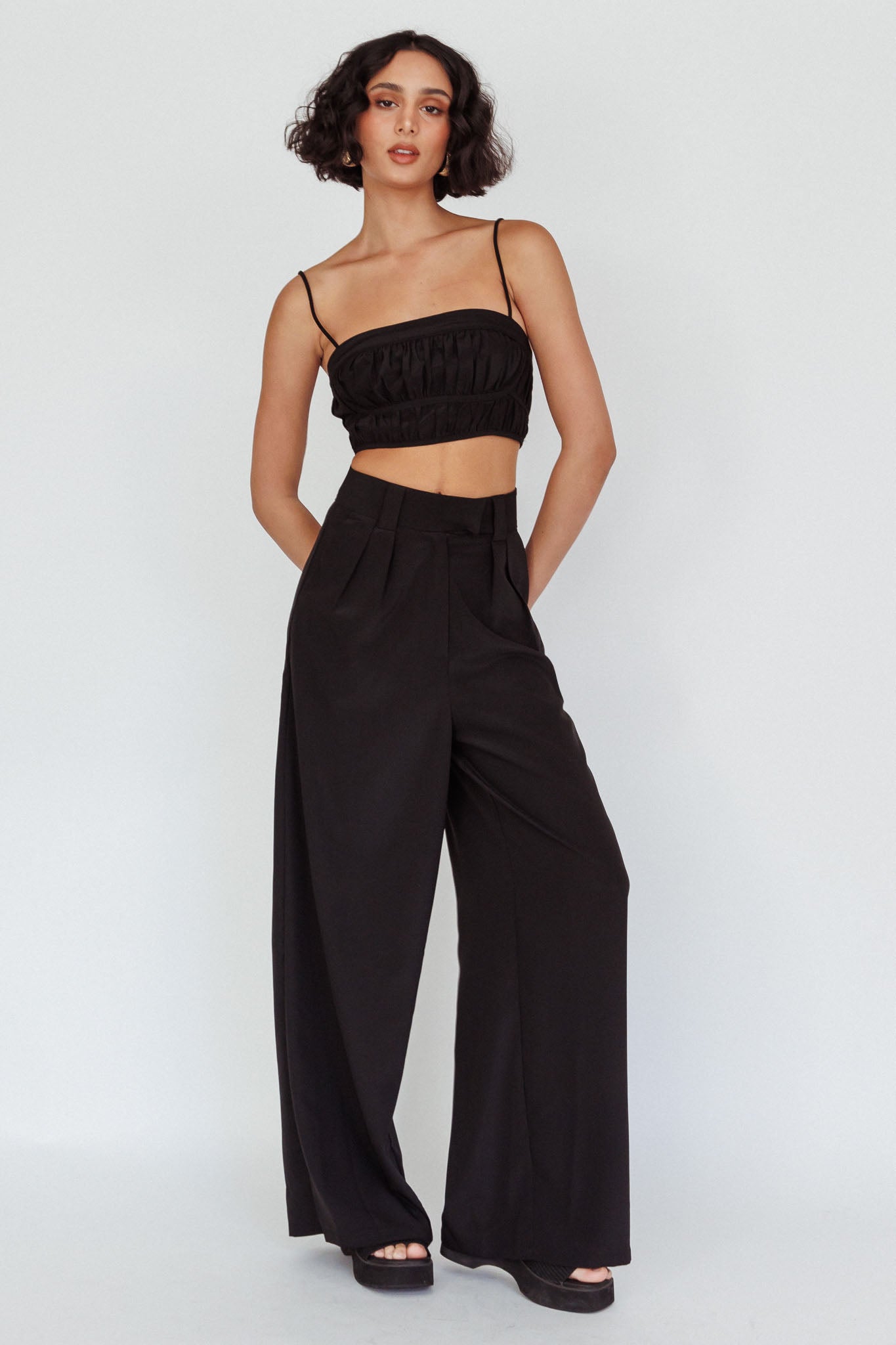 Regal Ruched Cami Crop Top Black