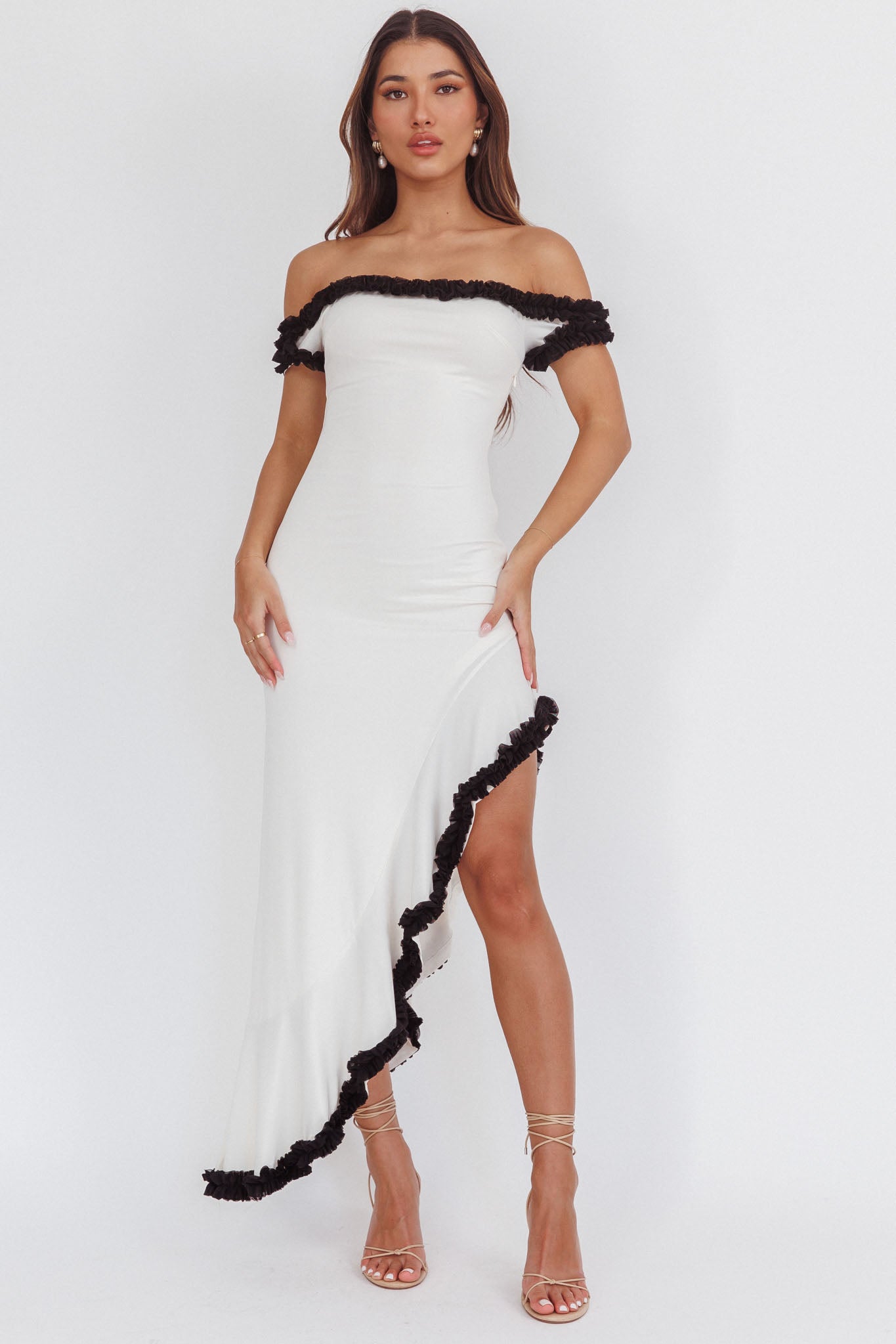 Shake It Off Asymmetric Off-Shoulder Dress Cream