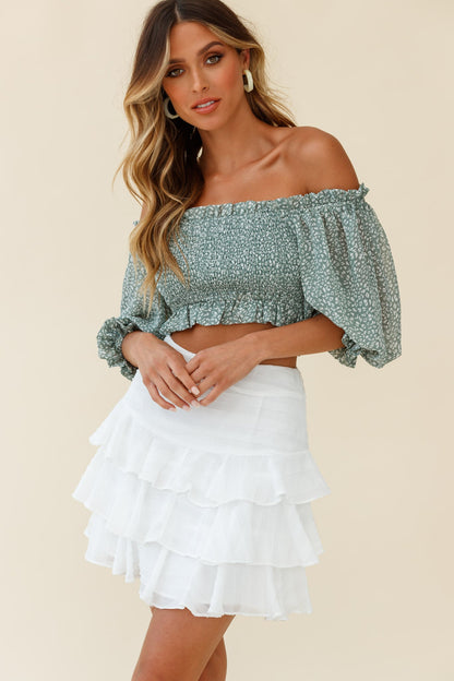 Meet Cute Shirred Bust Off-Shoulder Crop Top Speckle Print Olive