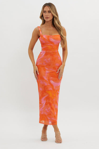Dream Crush Lace-Up Back Side Split Maxi Dress Swirl Orange