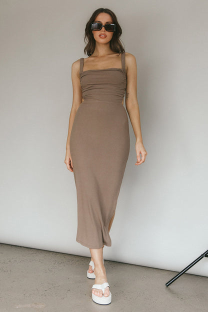 Dream Crush Lace-Up Back Side Split Midi Dress Khaki