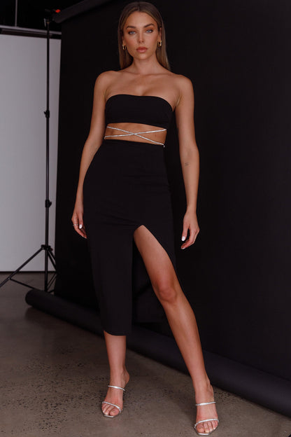 Nohemi Strapless Diamante Midi Dress Black
