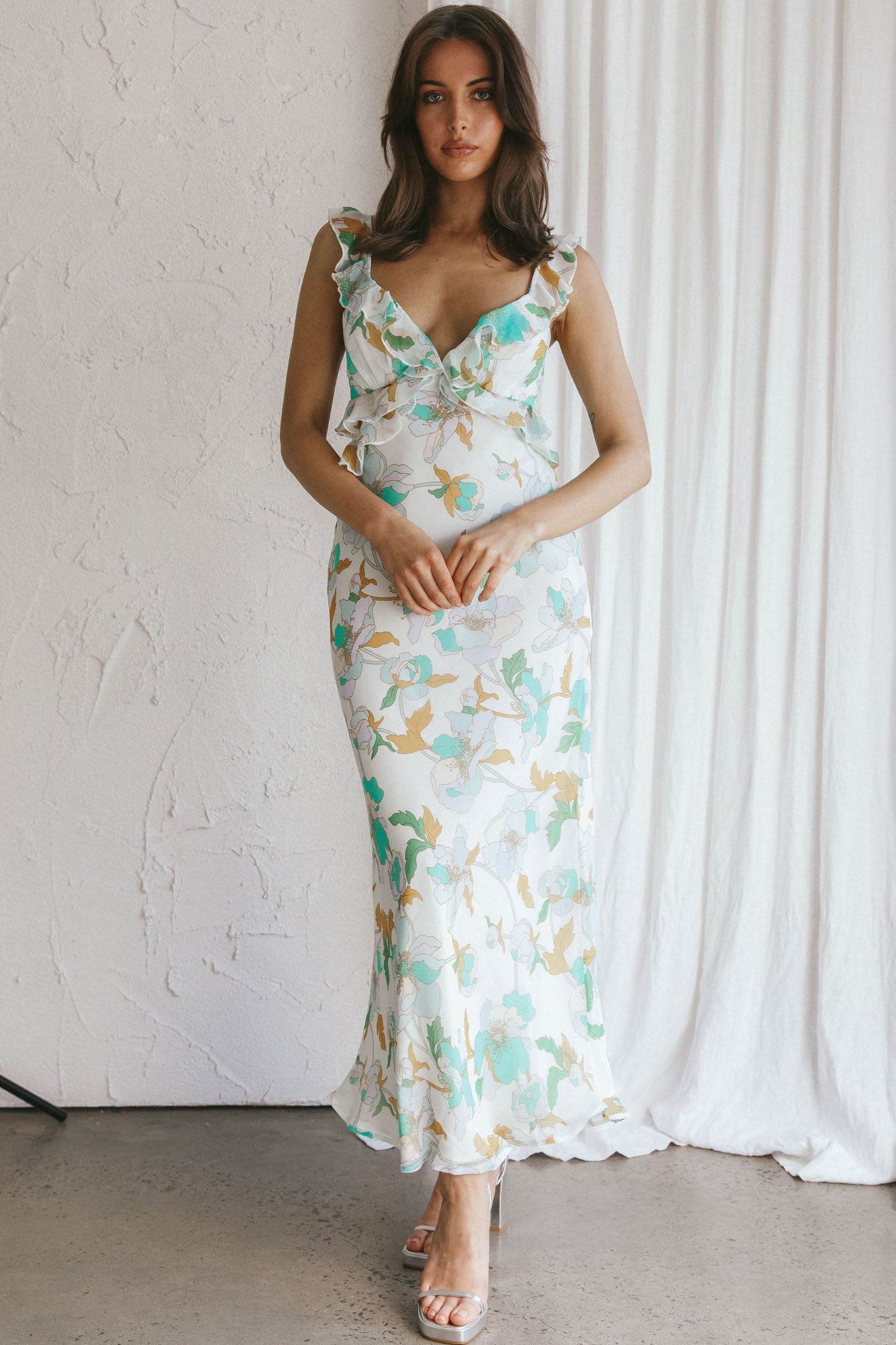 Second Chances Ruffle Trim Midi Dress Floral Mint
