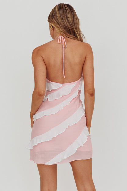 Arrabel Halterneck Contrast Ruffle Mini Dress Pink