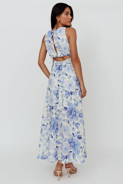 Perla V-Neck Drawstring Maxi Dress Floral Blue