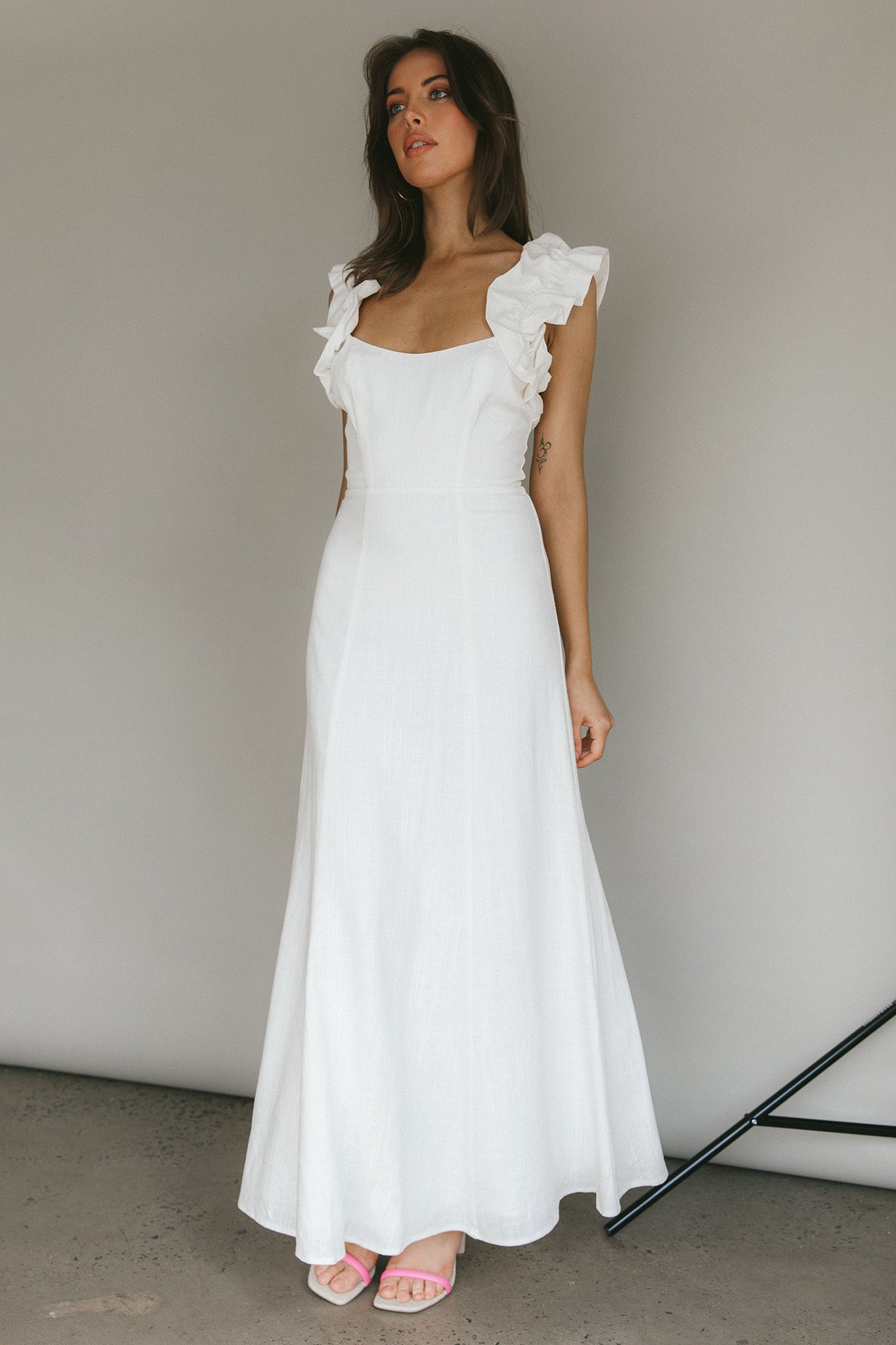 Bronte Ruffle Strap Midi Dress Cream