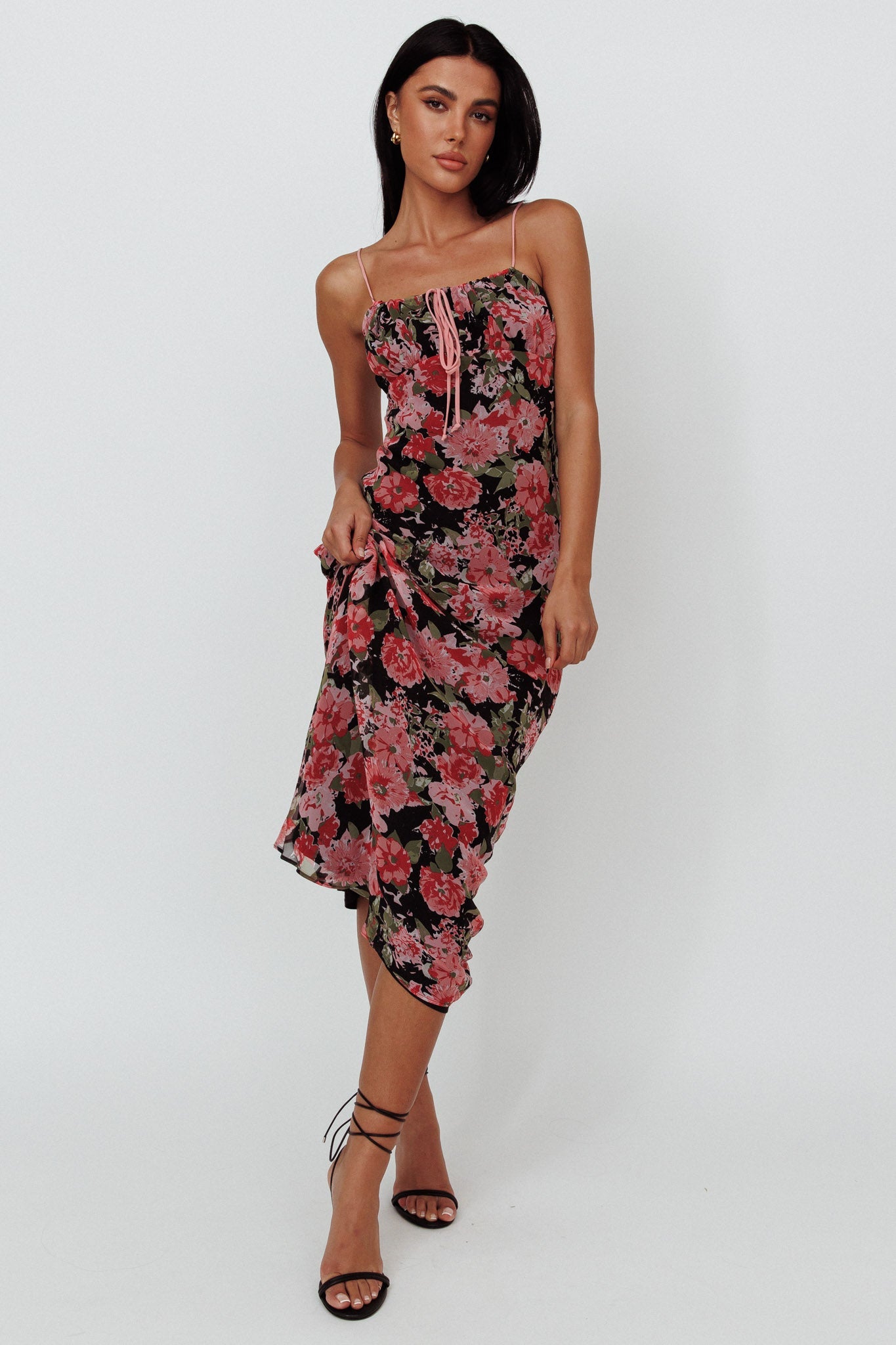 Essence String Tie Bust Maxi Dress Floral Black