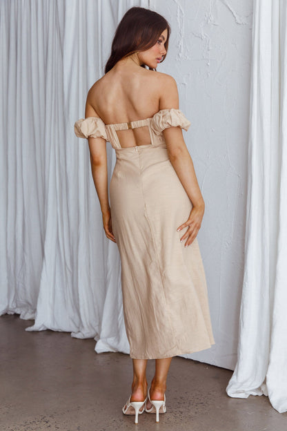 Nico Off-Shoulder Split Midi Dress Sand