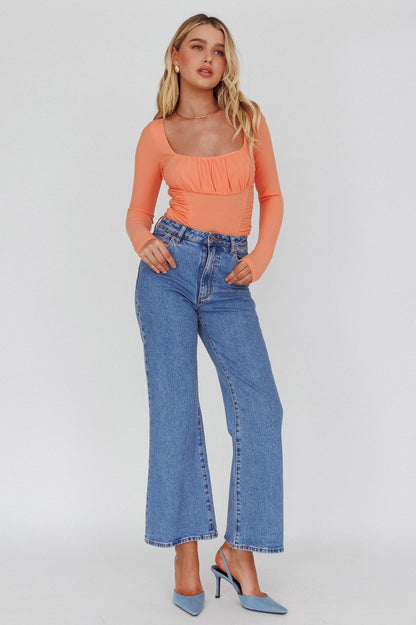 Bobbi Long Sleeve Ruched Side Ribbed Bodysuit Orange
