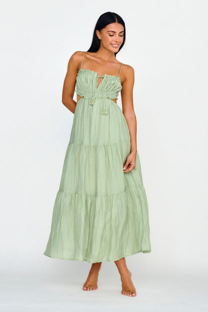 Eyona Cut-Out Waist Tie Maxi Dress Sage