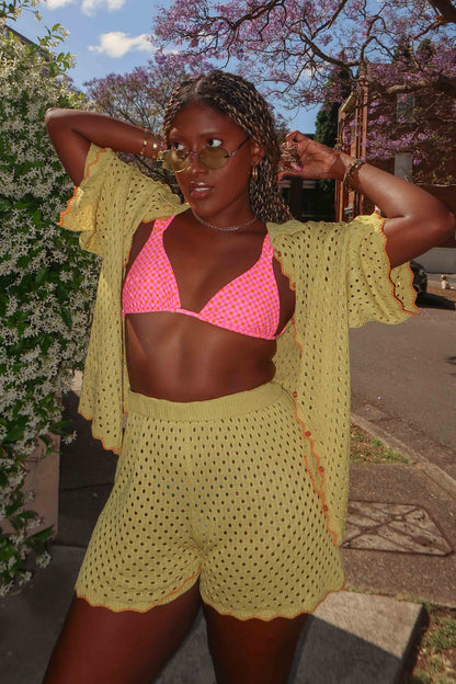 Just A Hunch Button Crochet Shirt Avocado/Pumpkin