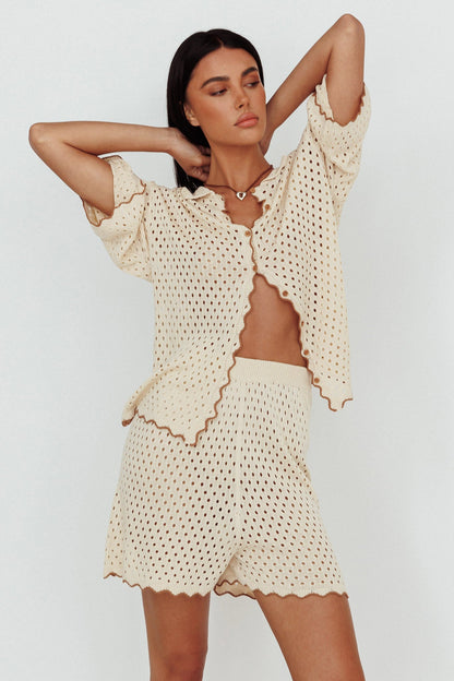 Just A Hunch Button Crochet Shirt Nutmeg/Shell