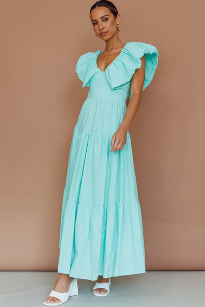 Kahlo Puffed Ruffle Neckline Maxi Dress Mint