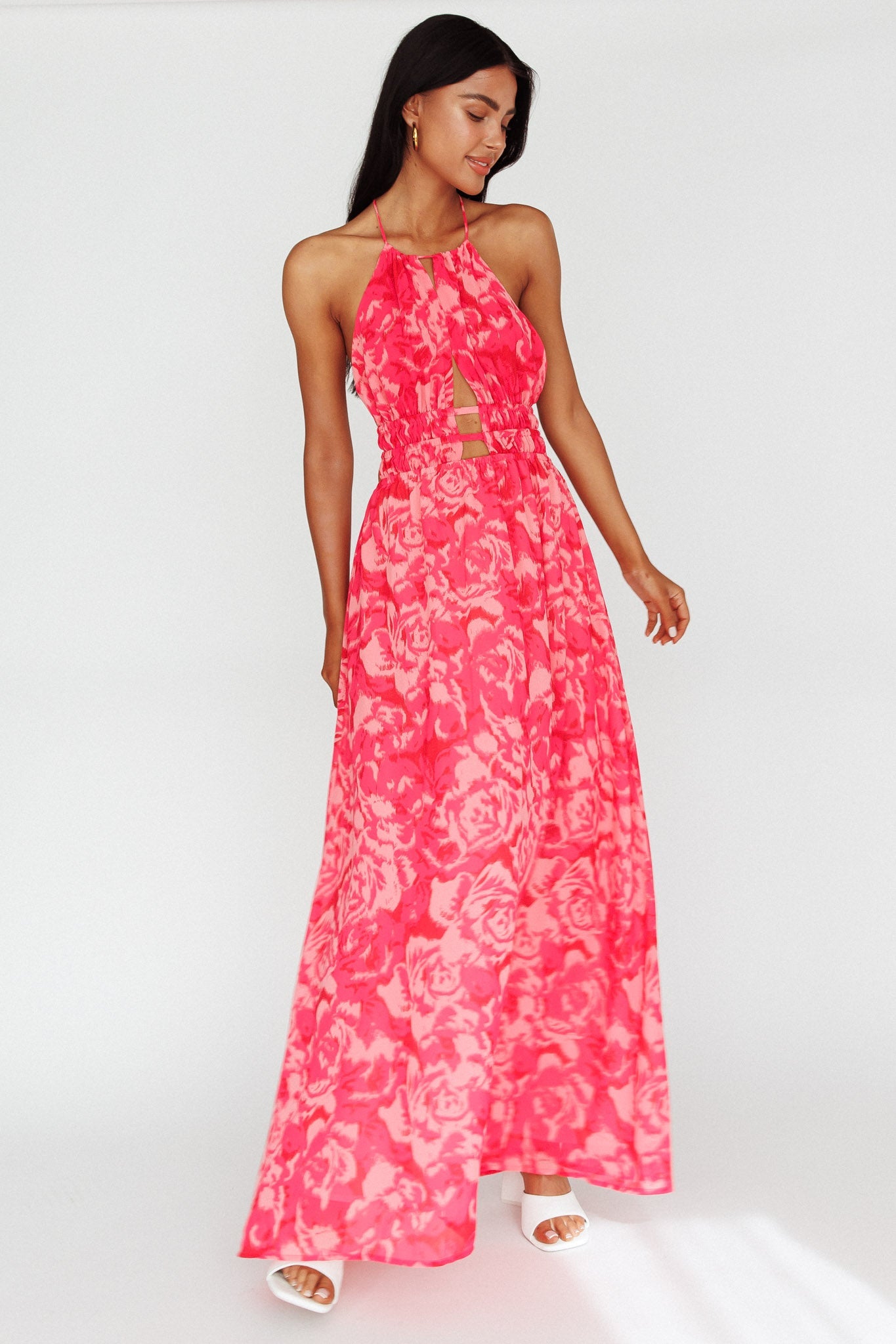 Cyndi Open Back Halterneck Maxi Dress Floral Pink