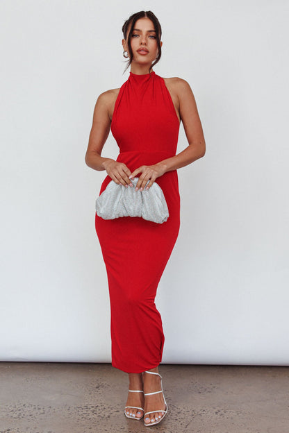 Caden Backless Halterneck Dress Red