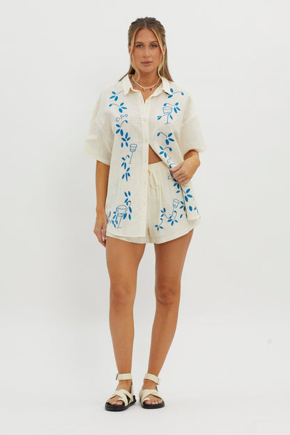 Ciao Ciao Embroidered Drawstring Shorts Beige